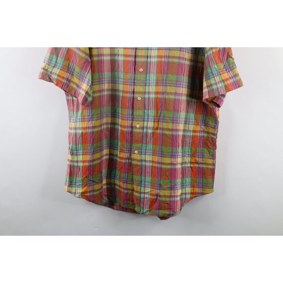 Vtg 90s Ralph Lauren Mens Large Faded India Madras Plaid Button Shirt Rainbow - Picture 3 of 10